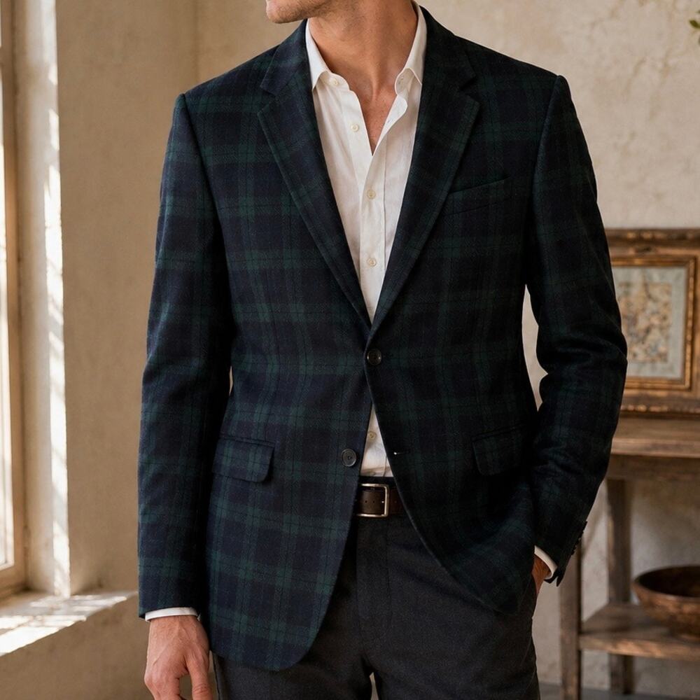 ZARA MAN | Navy‎ Green Blackwatch Tartan Plaid Blazer Elbow Patches | Size Small